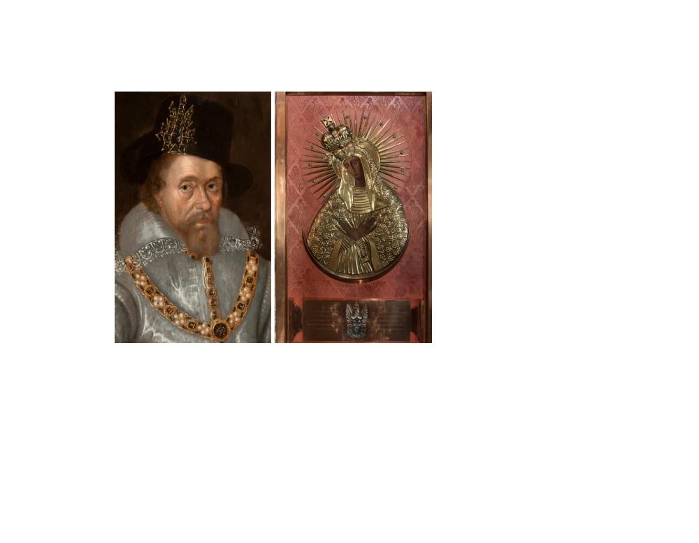 John de Critz portrait of King James VI of Scotland, which hangs in Fyvie Castle (left) and Icon of Our Lady of Ostrobrama, which was made by Polish soldiers during World War Two and which can be found in the chapel at Falkland Palace.