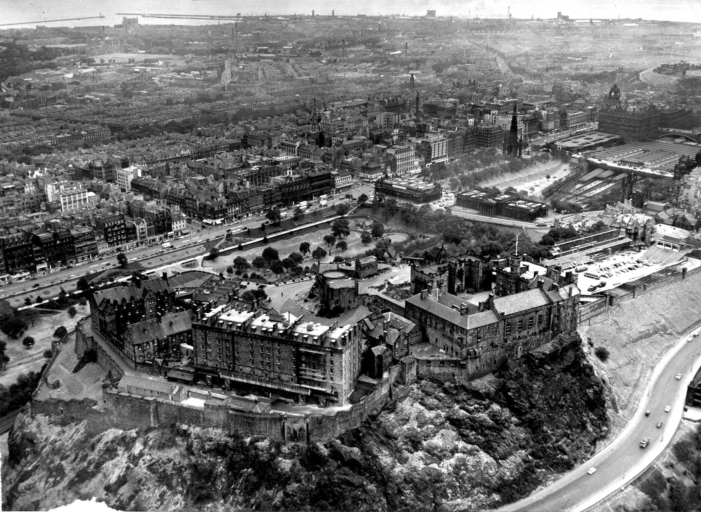 Aerial view of Edinburgh, showing Edinburgh Castle, Princes Street and Johnston Terrace.