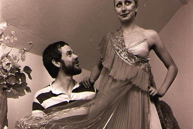 Bill Gibb pictured with a model in the late 1970s. He counted many celebrities, including Twiggy and Elizabeth Taylor, amongst his fans. PIC: TSPL.